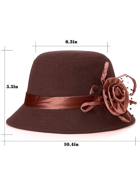 Women\'s Dark Coffee Vintage Felt Cloche inter Floral Fedora Imported Bucket Hat main image 4